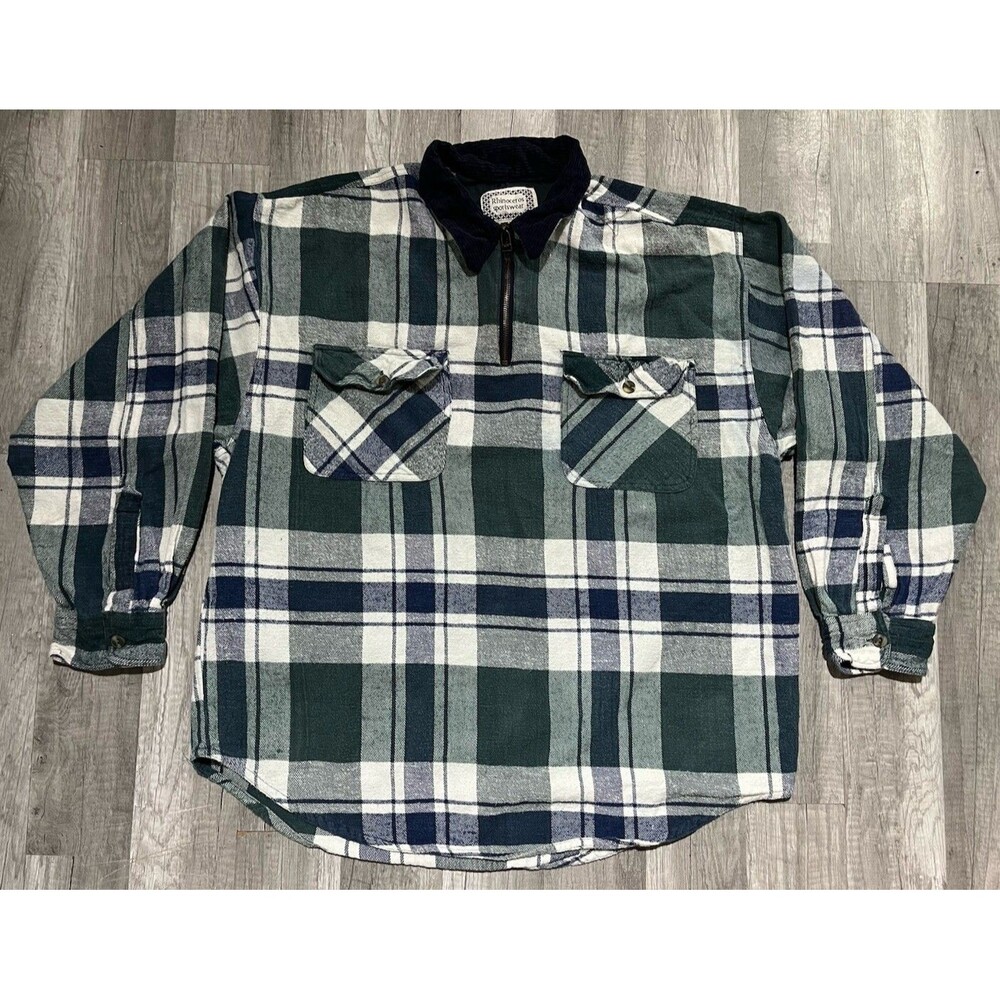 Vintage Rhinoceros Sportswear Flannel Size XL Dark Green Plaid Quarter Zip